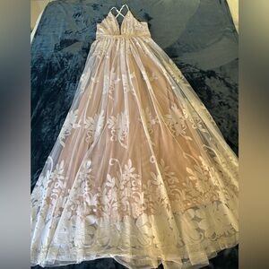 Luxxel White Lace and Nude V Neck Sling Back Maxi Formal